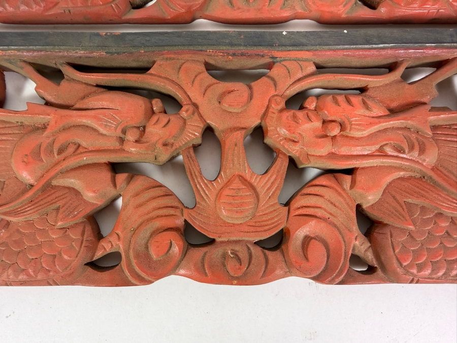 Pair of Vintage Chinese Carved Wood Panels Featuring Red-Painted Dragons Each Measure 23'W X 6'H [Photo 3]