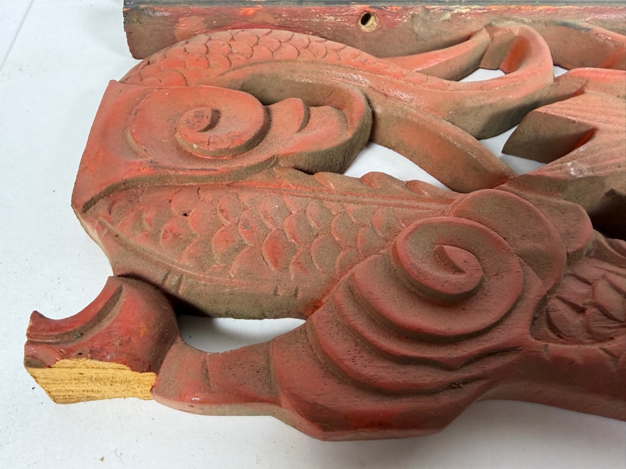 Pair of Vintage Chinese Carved Wood Panels Featuring Red-Painted Dragons Each Measure 23'W X 6'H [Photo 4]