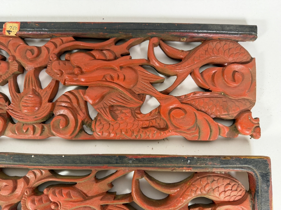 Pair of Vintage Chinese Carved Wood Panels Featuring Red-Painted Dragons Each Measure 23'W X 6'H [Photo 5]