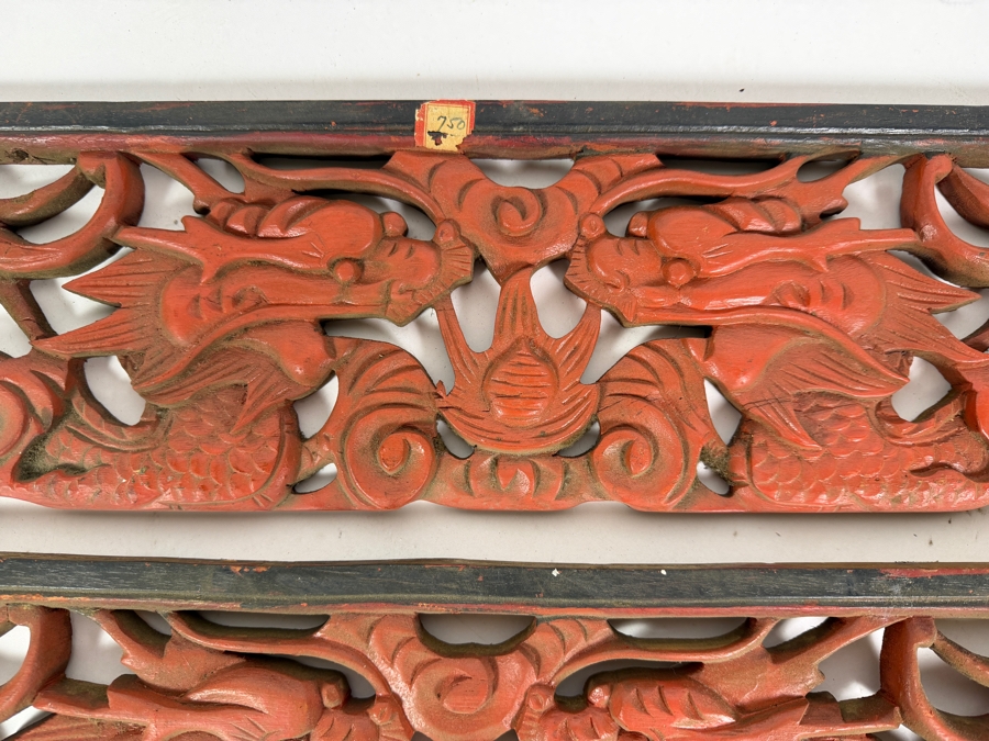 Pair of Vintage Chinese Carved Wood Panels Featuring Red-Painted Dragons Each Measure 23'W X 6'H [Photo 2]