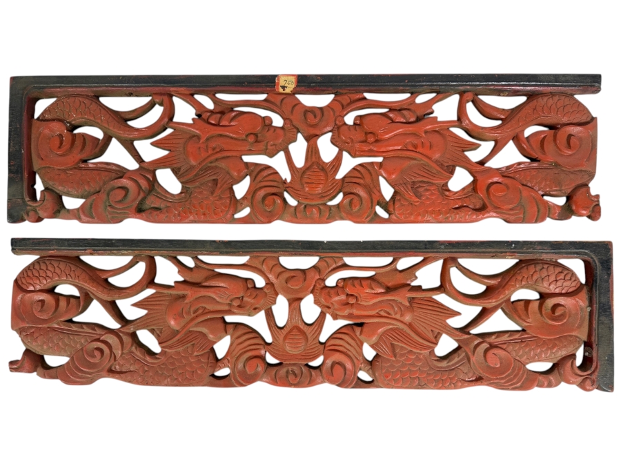 Pair of Vintage Chinese Carved Wood Panels Featuring Red-Painted Dragons Each Measure 23'W X 6'H
