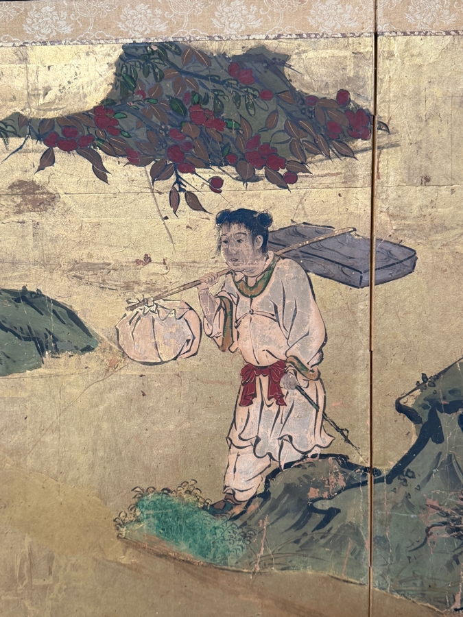 Original Antique Japanese Four Panel Small Size Screen Painting by KANO School - Artist's Name is Unknown - Shows a Figure On Way to EDO - Circa Later Tokugawa Period 1800 AD 45'W X 19'H Framed 55'W X 28'H [Photo 5]