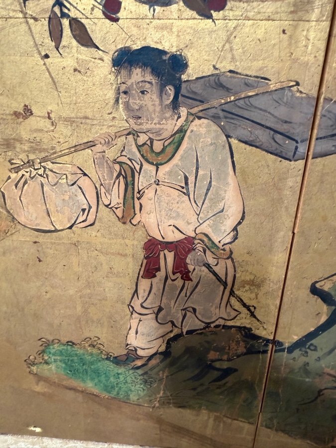 Original Antique Japanese Four Panel Small Size Screen Painting by KANO School - Artist's Name is Unknown - Shows a Figure On Way to EDO - Circa Later Tokugawa Period 1800 AD 45'W X 19'H Framed 55'W X 28'H [Photo 8]