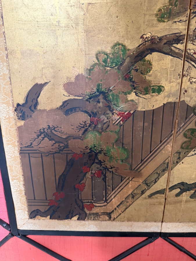 Original Antique Japanese Four Panel Small Size Screen Painting by KANO School - Artist's Name is Unknown - Shows a Figure On Way to EDO - Circa Later Tokugawa Period 1800 AD 45'W X 19'H Framed 55'W X 28'H [Photo 7]