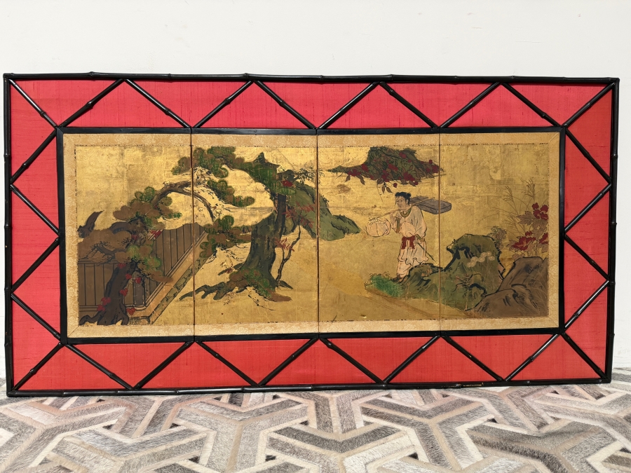 Original Antique Japanese Four Panel Small Size Screen Painting by KANO School - Artist's Name is Unknown - Shows a Figure On Way to EDO - Circa Later Tokugawa Period 1800 AD 45'W X 19'H Framed 55'W X 28'H [Photo 3]