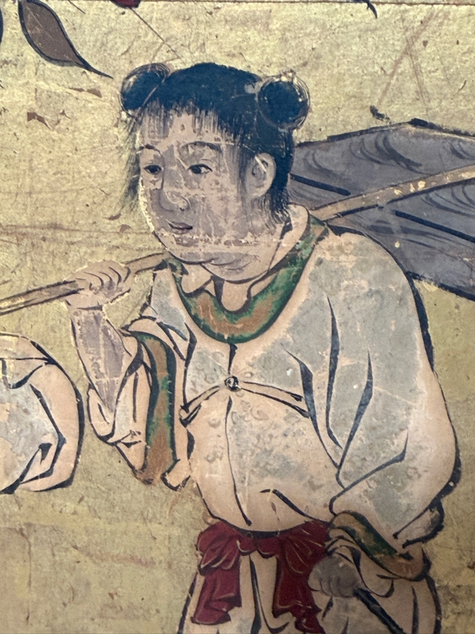 Original Antique Japanese Four Panel Small Size Screen Painting by KANO School - Artist's Name is Unknown - Shows a Figure On Way to EDO - Circa Later Tokugawa Period 1800 AD 45'W X 19'H Framed 55'W X 28'H [Photo 9]