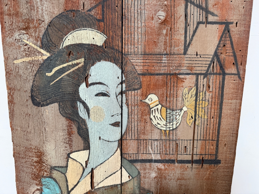 Dennis Redmond Original Painting on Board of a Japanese Geisha Staring at a Bird 23W X 48H [Photo 3]