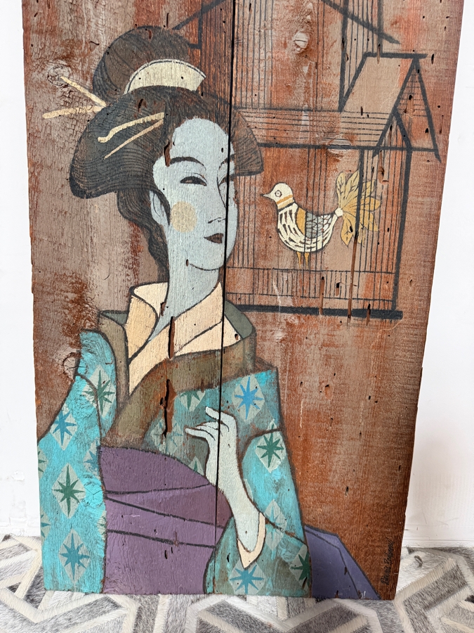 Dennis Redmond Original Painting on Board of a Japanese Geisha Staring at a Bird 23W X 48H [Photo 6]