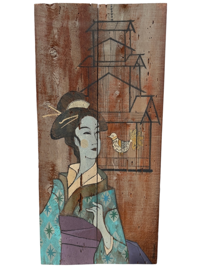 Dennis Redmond Original Painting on Board of a Japanese Geisha Staring at a Bird 23W X 48H