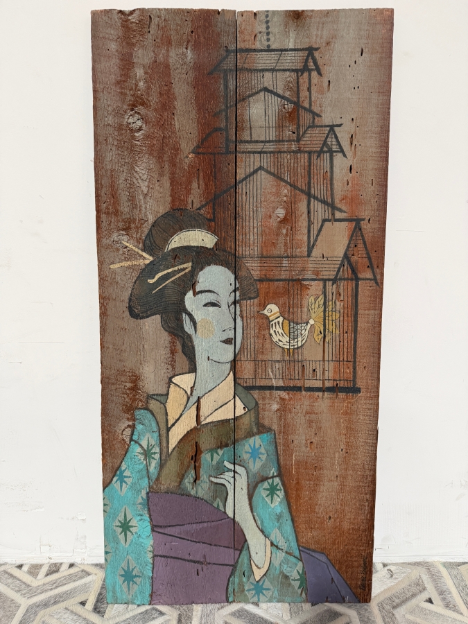 Dennis Redmond Original Painting on Board of a Japanese Geisha Staring at a Bird 23W X 48H [Photo 2]