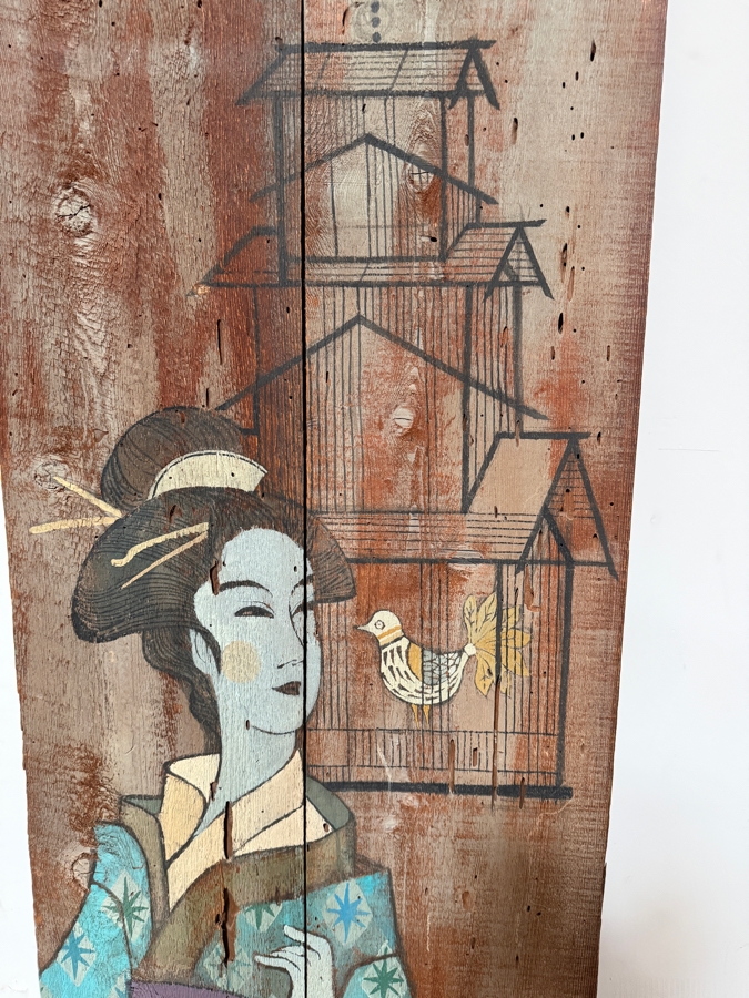 Dennis Redmond Original Painting on Board of a Japanese Geisha Staring at a Bird 23W X 48H [Photo 5]
