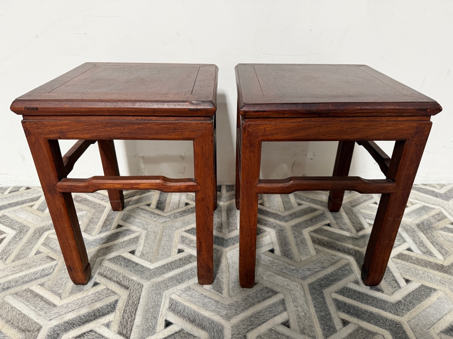 Pair of Vintage Chinese Wooden Square Stools Side Tables 14W X 14D X 18H [Photo 3]