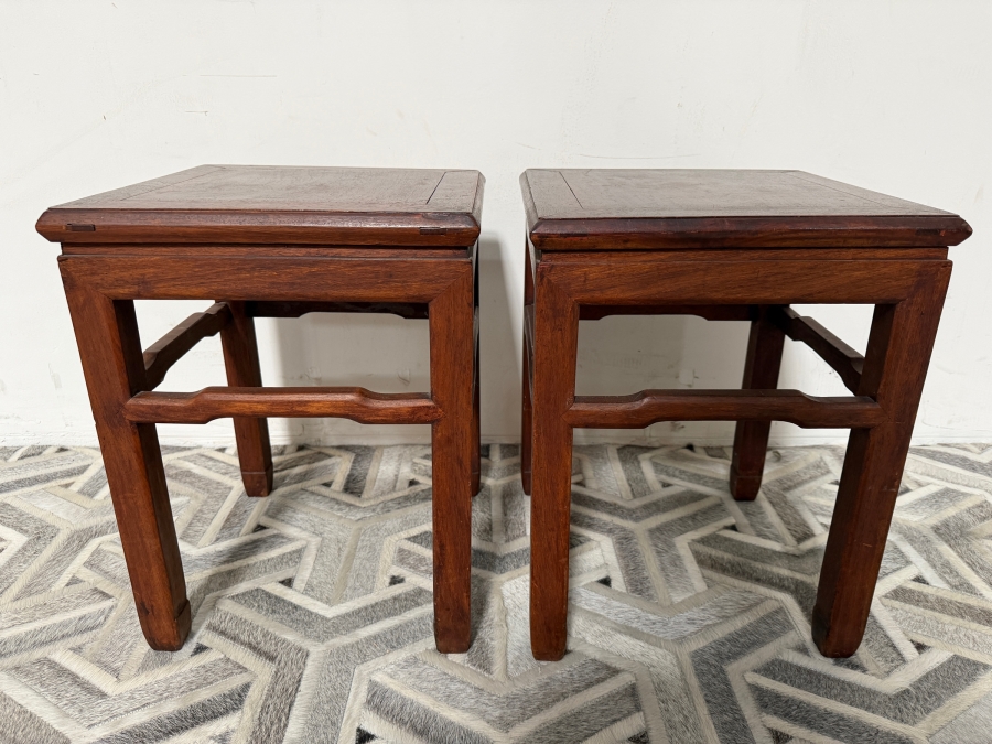 Pair of Vintage Chinese Wooden Square Stools Side Tables 14W X 14D X 18H [Photo 2]