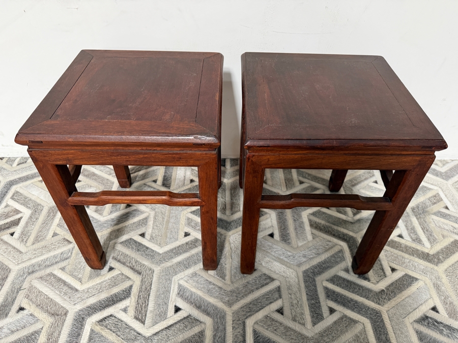 Pair of Vintage Chinese Wooden Square Stools Side Tables 14W X 14D X 18H [Photo 4]