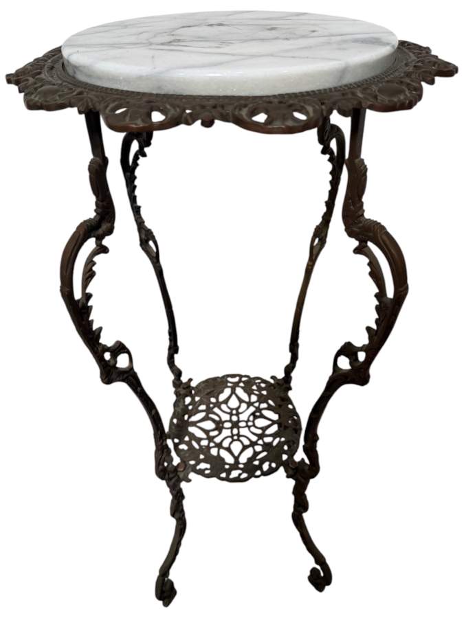 Antique Victorian Cast Brass Plant Stand with Marble Top 14W X 29H