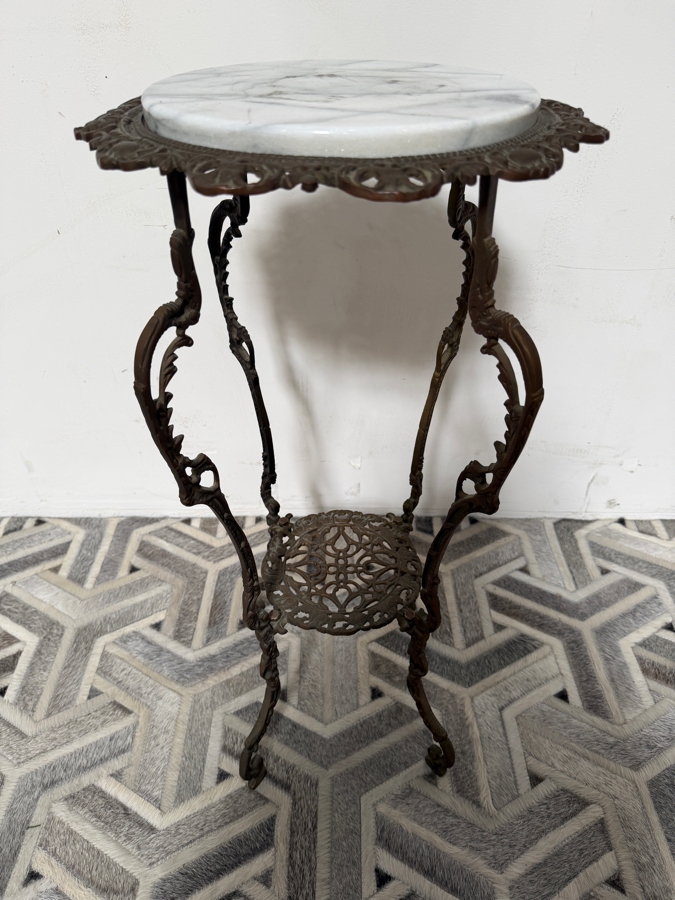Antique Victorian Cast Brass Plant Stand with Marble Top 14W X 29H [Photo 4]