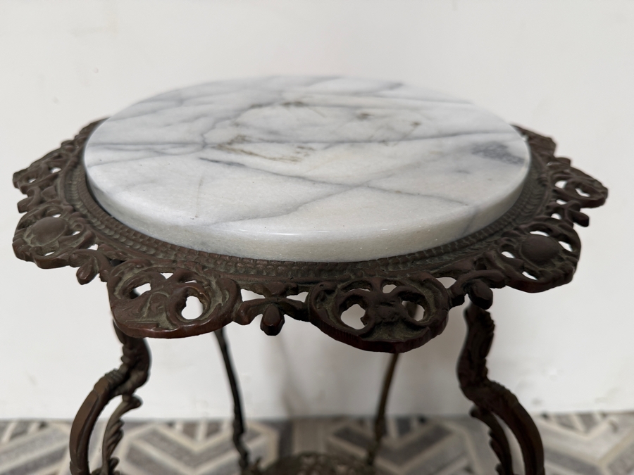 Antique Victorian Cast Brass Plant Stand with Marble Top 14W X 29H [Photo 5]