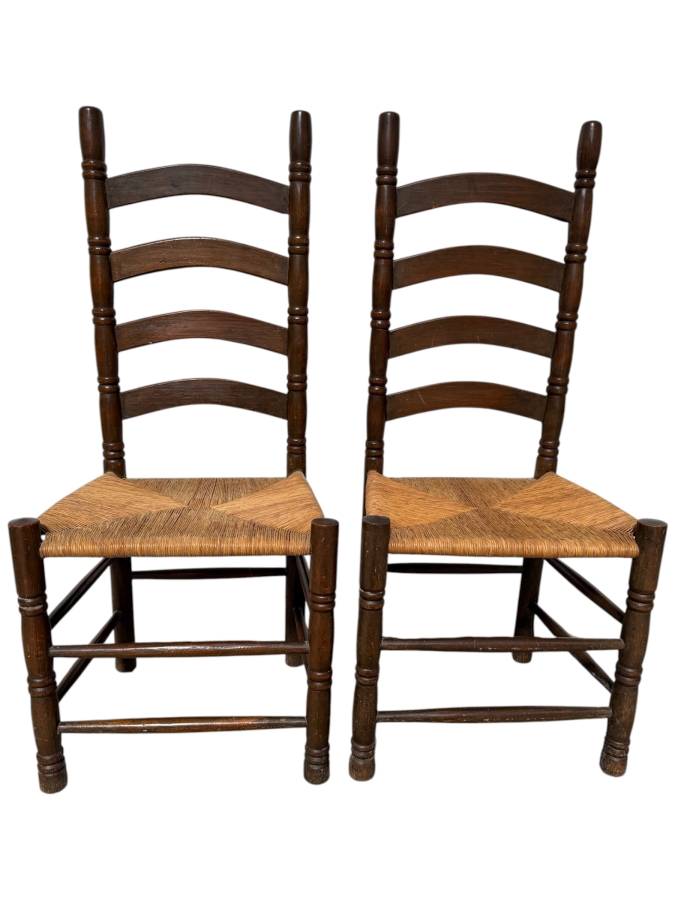 Pair of Vintage Wooden Ladderback Chairs with Hand-Woven Rush Seats 19W X 43H
