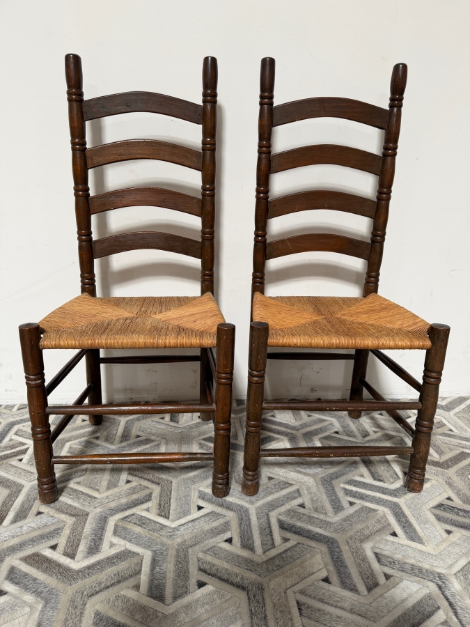 Pair of Vintage Wooden Ladderback Chairs with Hand-Woven Rush Seats 19W X 43H [Photo 2]