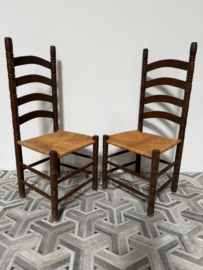 Pair of Vintage Wooden Ladderback Chairs with Hand-Woven Rush Seats 19W X 43H [Photo 5]