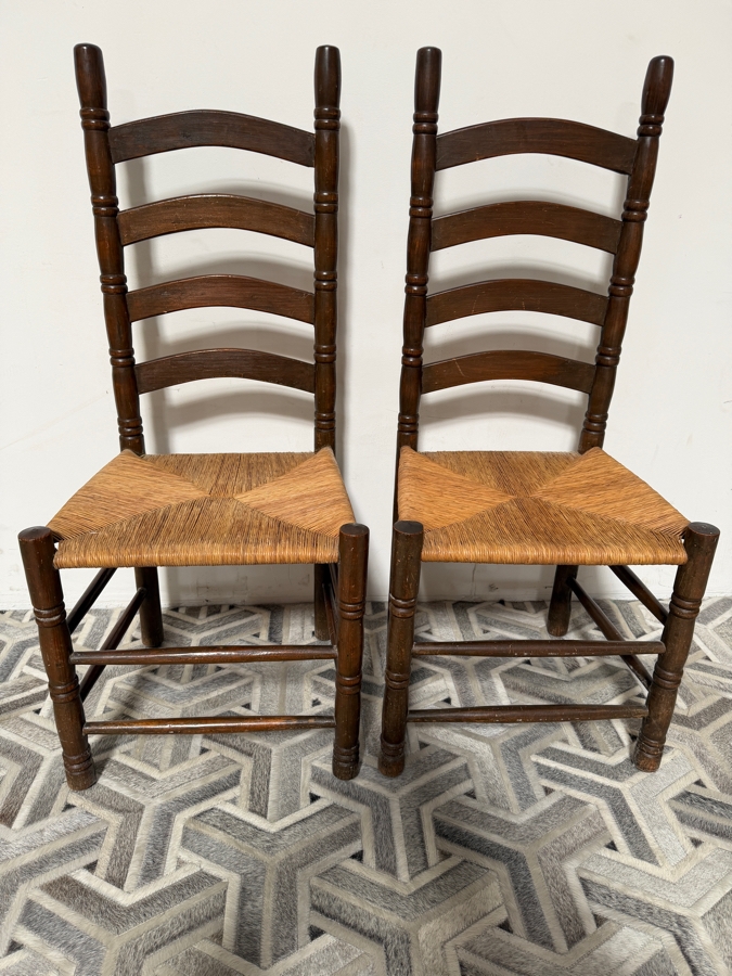 Pair of Vintage Wooden Ladderback Chairs with Hand-Woven Rush Seats 19W X 43H [Photo 4]
