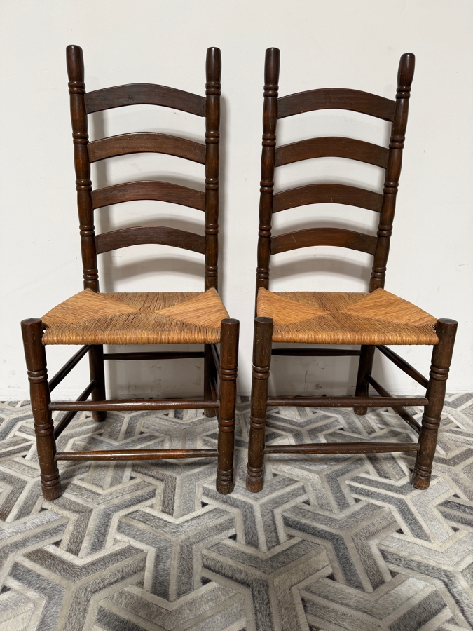 Pair of Vintage Wooden Ladderback Chairs with Hand-Woven Rush Seats 19W X 43H [Photo 3]