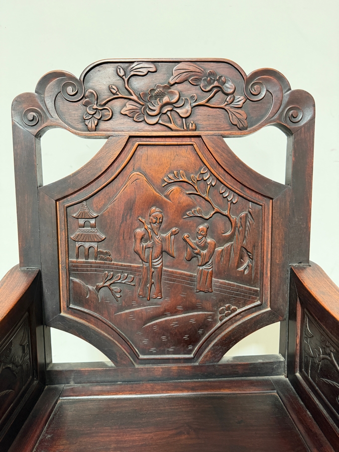 Antique Chinese Carved Hardwood Armchair Featuring Figural Relief Panels 23W X 19D X 39.5H [Photo 4]