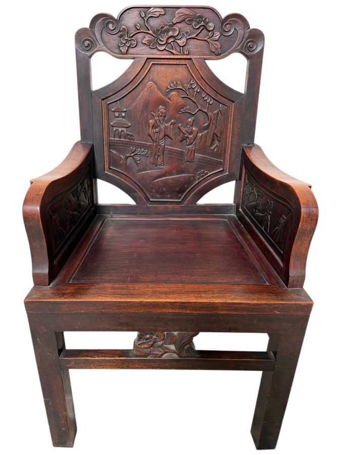 Antique Chinese Carved Hardwood Armchair Featuring Figural Relief Panels 23W X 19D X 39.5H