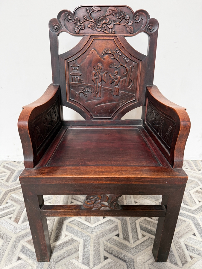 Antique Chinese Carved Hardwood Armchair Featuring Figural Relief Panels 23W X 19D X 39.5H [Photo 2]
