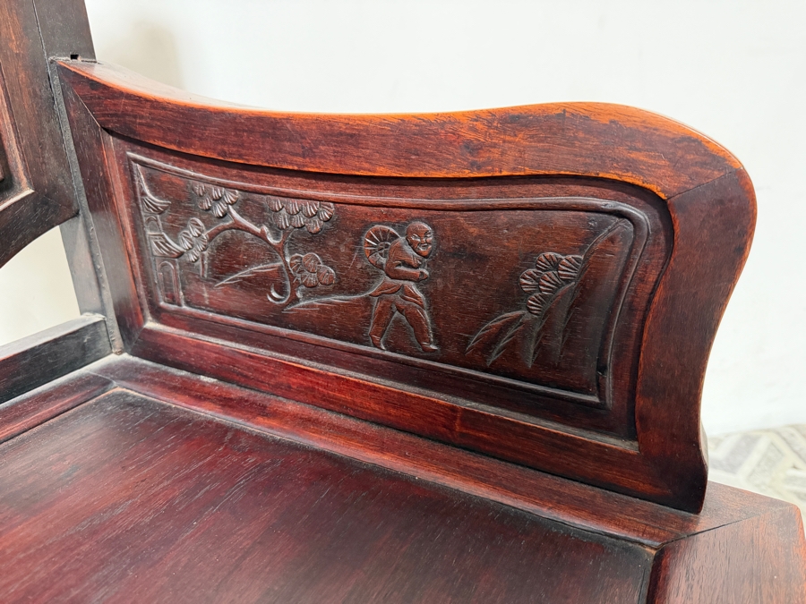 Antique Chinese Carved Hardwood Armchair Featuring Figural Relief Panels 23W X 19D X 39.5H [Photo 6]