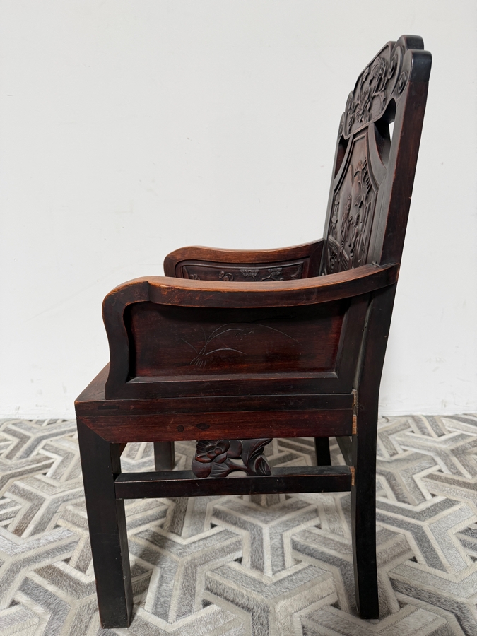 Antique Chinese Carved Hardwood Armchair Featuring Figural Relief Panels 23W X 19D X 39.5H [Photo 8]