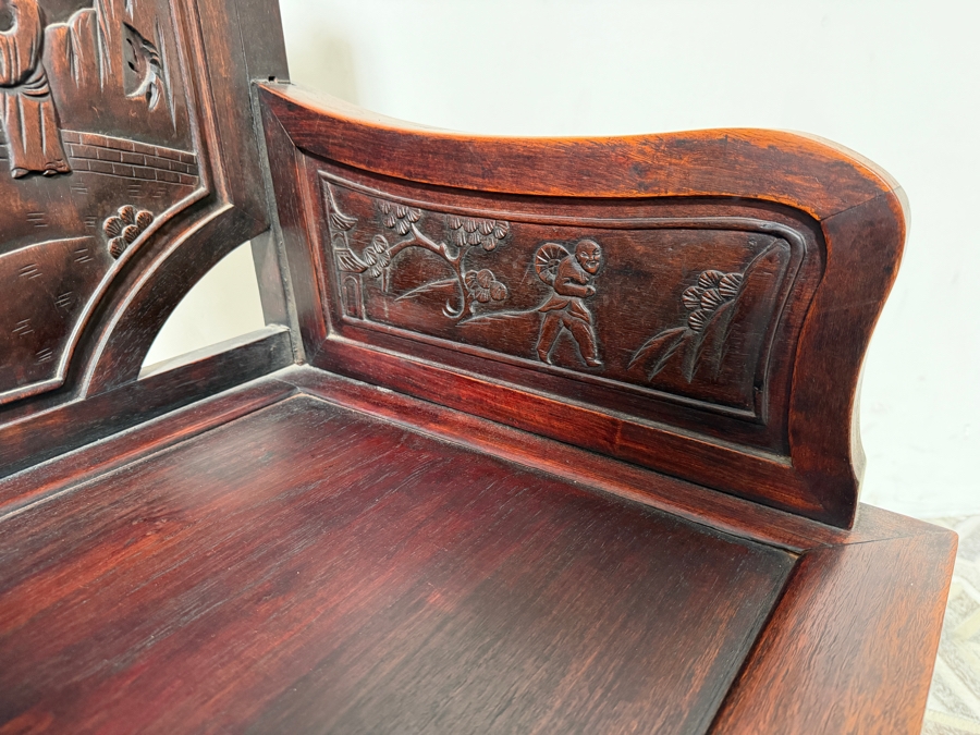 Antique Chinese Carved Hardwood Armchair Featuring Figural Relief Panels 23W X 19D X 39.5H [Photo 5]