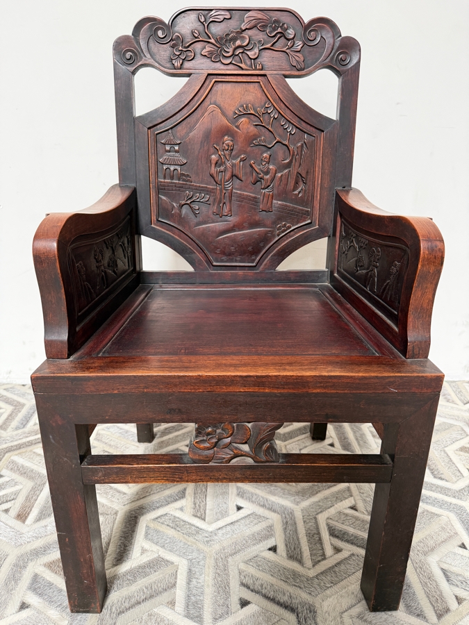Antique Chinese Carved Hardwood Armchair Featuring Figural Relief Panels 23W X 19D X 39.5H [Photo 3]