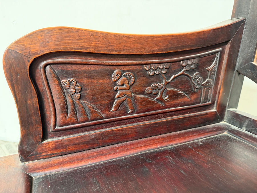 Antique Chinese Carved Hardwood Armchair Featuring Figural Relief Panels 23W X 19D X 39.5H [Photo 7]