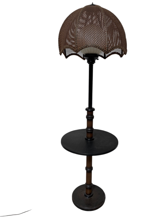 Vintage Floor Lamp with Drink Table Woven Cane Shade 60'H