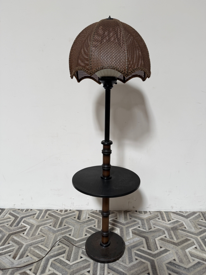 Vintage Floor Lamp with Drink Table Woven Cane Shade 60'H [Photo 2]