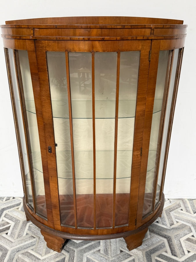 Antique Art Deco Demilune Walnut Curio Display Cabinet 36W X 15D X 48H [Photo 3]