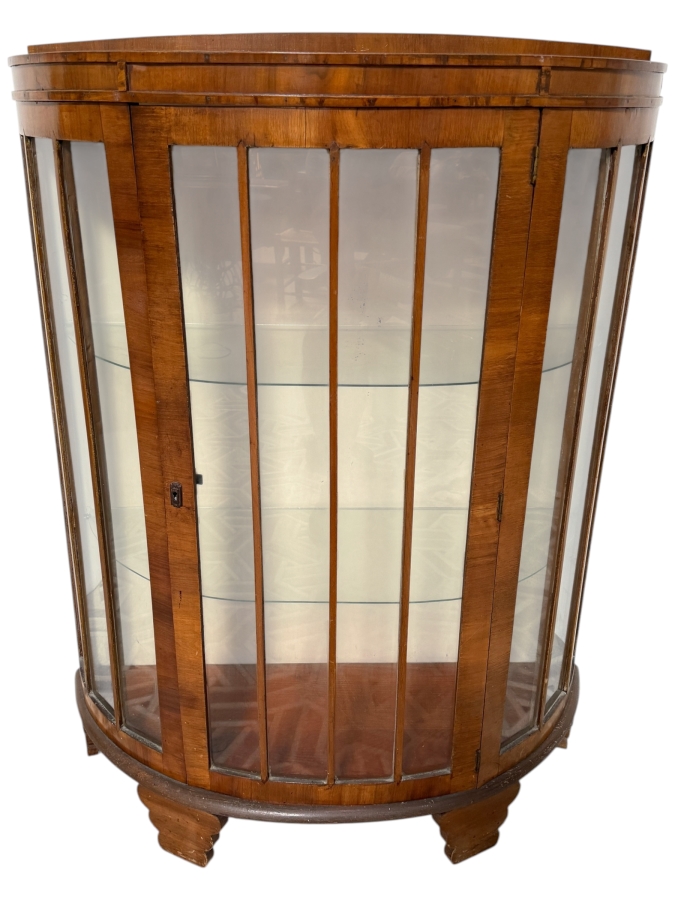 Antique Art Deco Demilune Walnut Curio Display Cabinet 36W X 15D X 48H