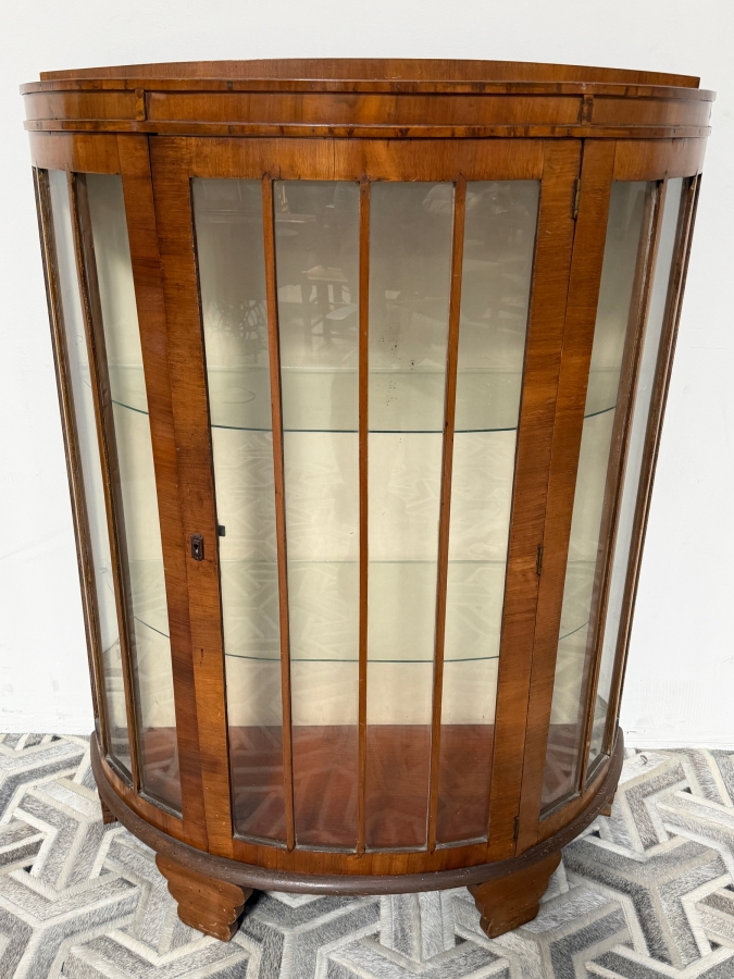 Antique Art Deco Demilune Walnut Curio Display Cabinet 36W X 15D X 48H [Photo 2]