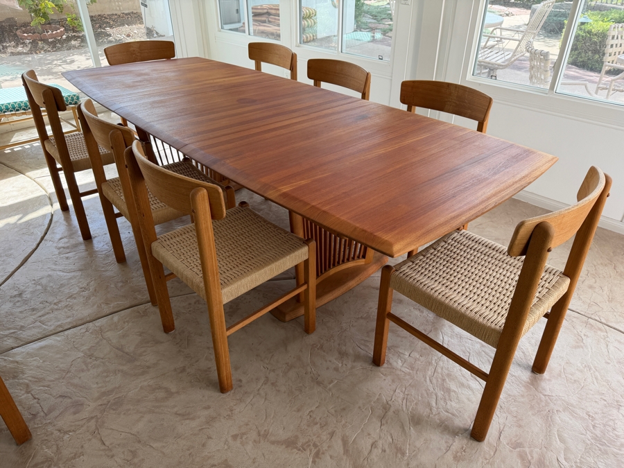 Teak Dining Table with One Leaf and (8) Dining Chairs by Sun Cabinet Co. 41.25'D X 102'L (Leaf Measures 23.75'L) Table w/o Leaf is 78.25'L [Photo 3]