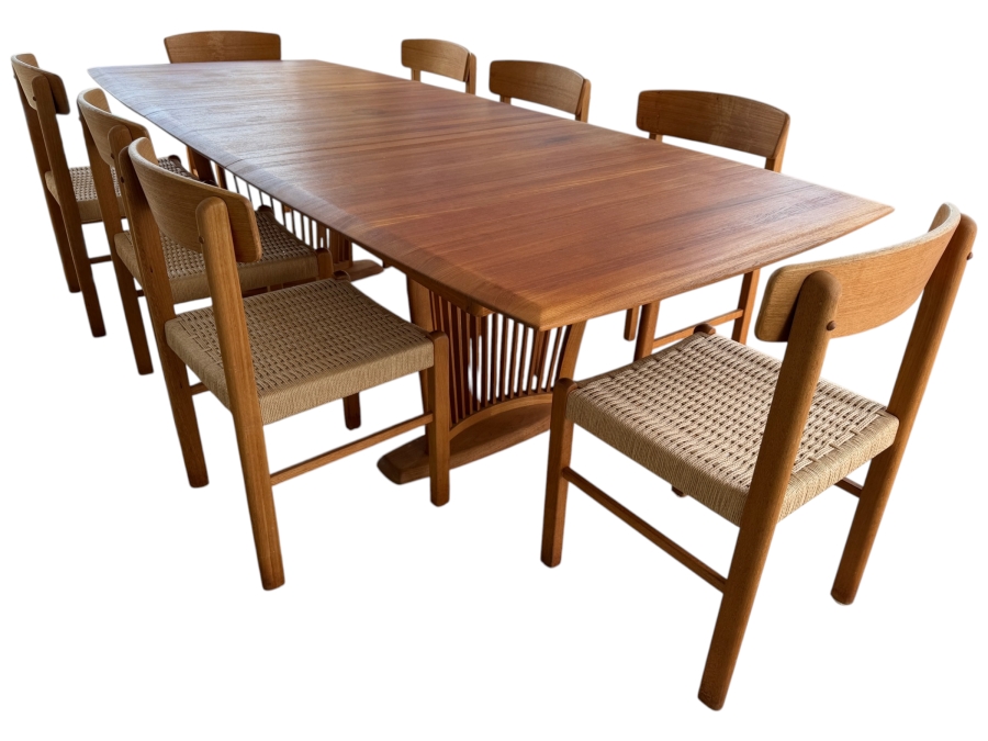 Teak Dining Table with One Leaf and (8) Dining Chairs by Sun Cabinet Co. 41.25'D X 102'L (Leaf Measures 23.75'L) Table w/o Leaf is 78.25'L
