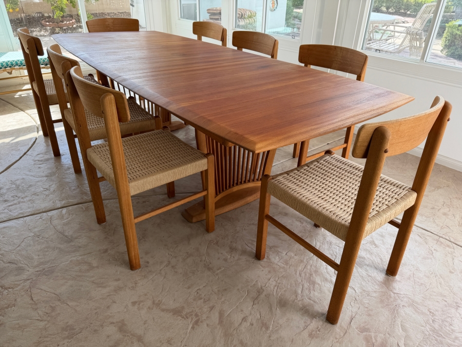 Teak Dining Table with One Leaf and (8) Dining Chairs by Sun Cabinet Co. 41.25'D X 102'L (Leaf Measures 23.75'L) Table w/o Leaf is 78.25'L [Photo 2]