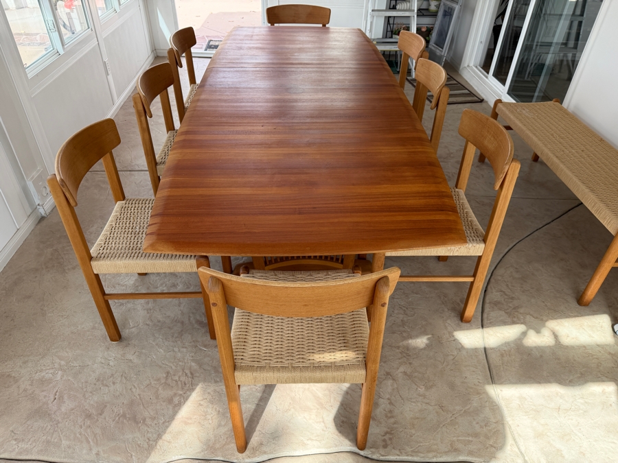 Teak Dining Table with One Leaf and (8) Dining Chairs by Sun Cabinet Co. 41.25'D X 102'L (Leaf Measures 23.75'L) Table w/o Leaf is 78.25'L [Photo 8]