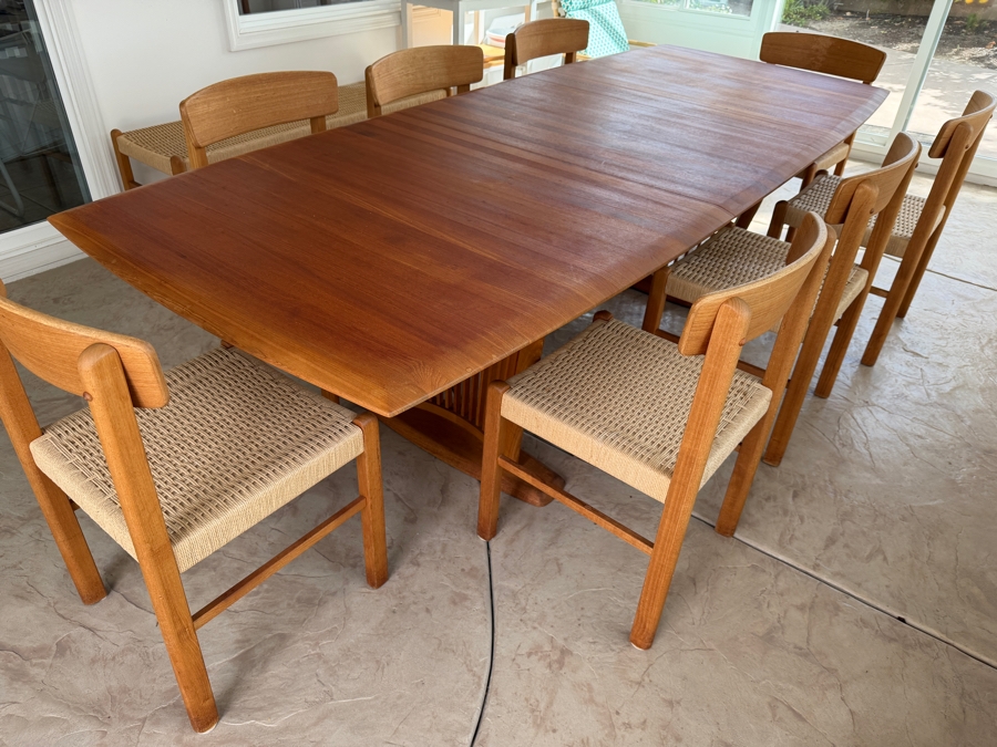 Teak Dining Table with One Leaf and (8) Dining Chairs by Sun Cabinet Co. 41.25'D X 102'L (Leaf Measures 23.75'L) Table w/o Leaf is 78.25'L [Photo 4]