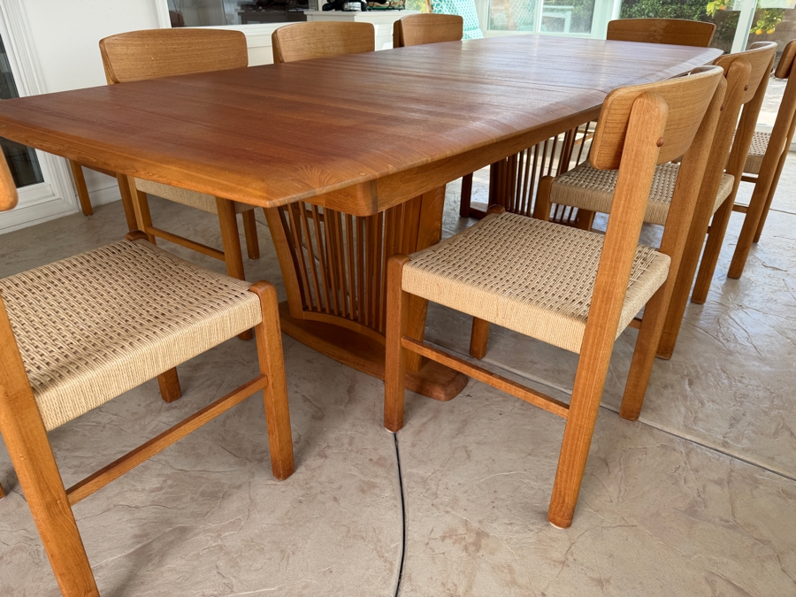 Teak Dining Table with One Leaf and (8) Dining Chairs by Sun Cabinet Co. 41.25'D X 102'L (Leaf Measures 23.75'L) Table w/o Leaf is 78.25'L [Photo 6]