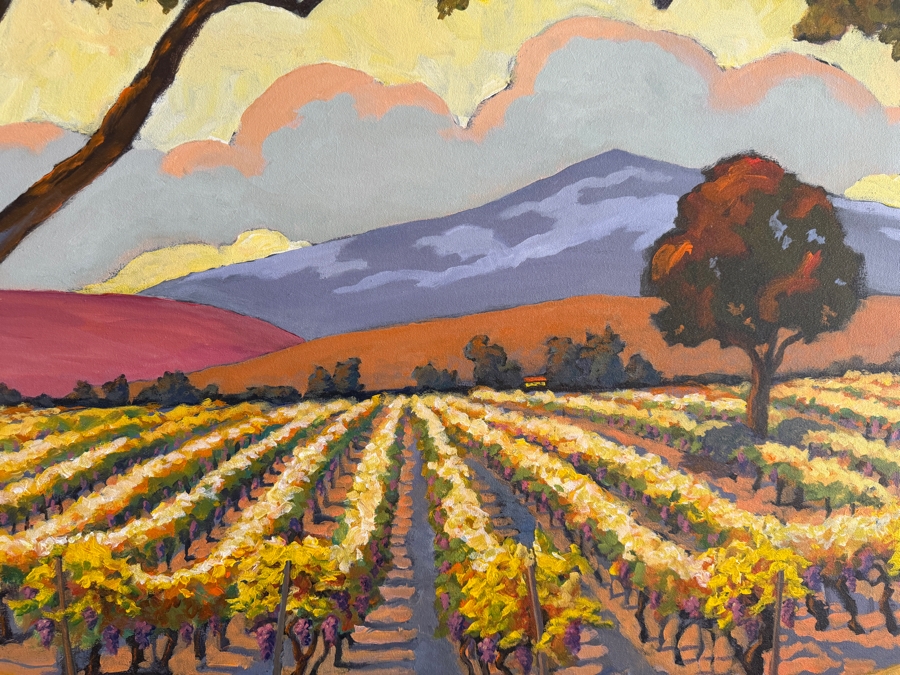 Just Added - Mark Monsarrat (1950-2026, California) Stunning Original Acrylic on Canvas Triptych Painting Titled 'Vineyard Foreground Tree' Signed Front and Verso Dated 2004 (Bay Area Artist) 92'W X 36'H [Photo 5]