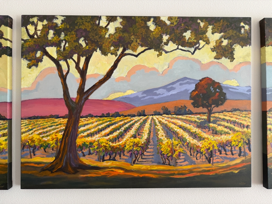 Just Added - Mark Monsarrat (1950-2026, California) Stunning Original Acrylic on Canvas Triptych Painting Titled 'Vineyard Foreground Tree' Signed Front and Verso Dated 2004 (Bay Area Artist) 92'W X 36'H [Photo 3]