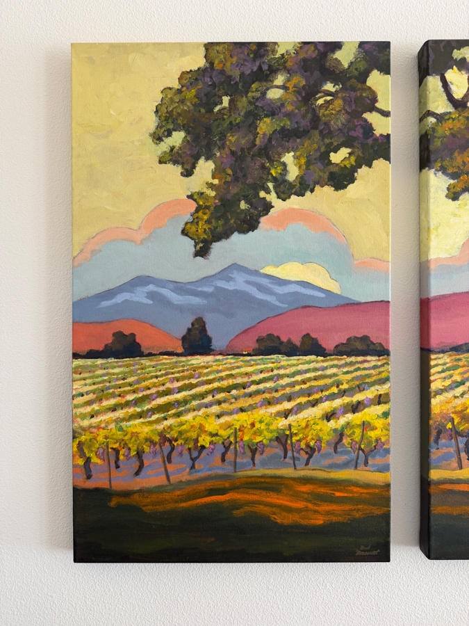 Just Added - Mark Monsarrat (1950-2026, California) Stunning Original Acrylic on Canvas Triptych Painting Titled 'Vineyard Foreground Tree' Signed Front and Verso Dated 2004 (Bay Area Artist) 92'W X 36'H [Photo 7]
