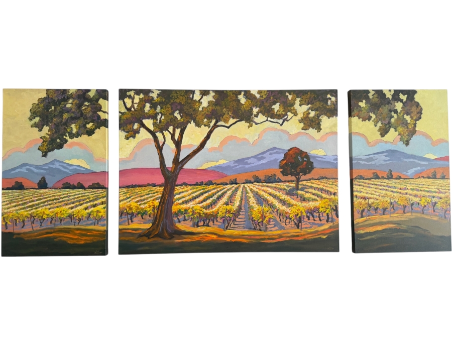 Just Added - Mark Monsarrat (1950-2026, California) Stunning Original Acrylic on Canvas Triptych Painting Titled 'Vineyard Foreground Tree' Signed Front and Verso Dated 2004 (Bay Area Artist) 92'W X 36'H