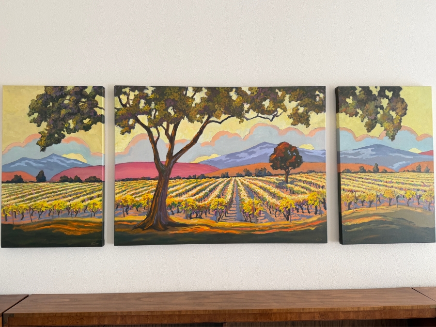 Just Added - Mark Monsarrat (1950-2026, California) Stunning Original Acrylic on Canvas Triptych Painting Titled 'Vineyard Foreground Tree' Signed Front and Verso Dated 2004 (Bay Area Artist) 92'W X 36'H [Photo 2]